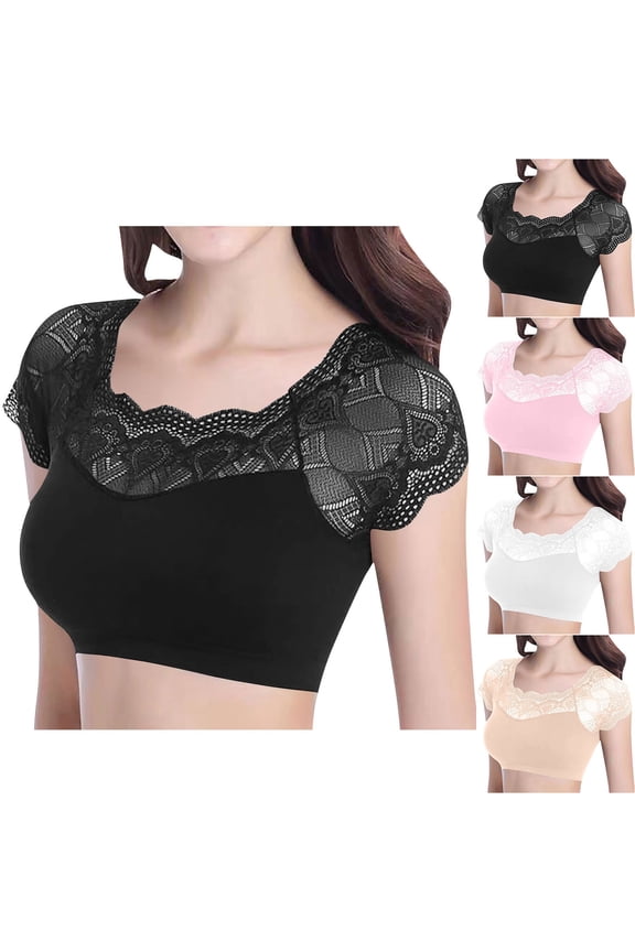 Trendy Lace Bralette Tank Tops Wireless Bra Lace Crop Top Padded Stretch Spaghetti Thin Strap Yoga Sports Bra for Women Beige Free Size