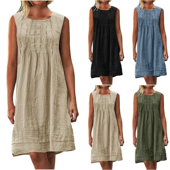 SMihono Stylish Linen Dress for Women Pleated Summer Dresses Round Neck Short Sleeve Sundress Beach Vacation Casual Mini Dress 2025 Beige XXL
