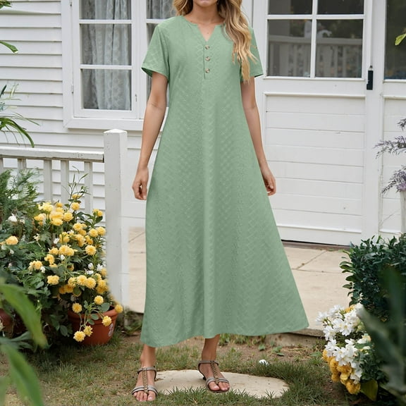 SMihono Stylish Maxi Dresses for Women 2025 Short Sleeve Solid Casual Dresses Button V Neck Summer Boho Beach Dress with Pockets Army Green M
