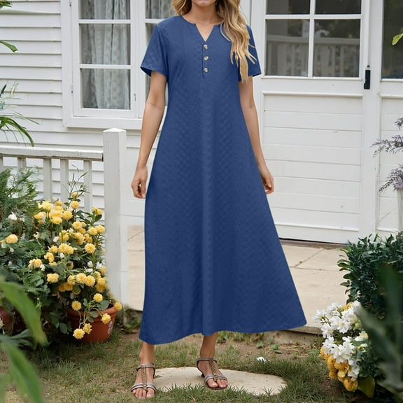 SMihono Stylish Maxi Dresses for Women 2025 Short Sleeve Solid Casual Dresses Button V Neck Summer Boho Beach Dress with Pockets Blue M