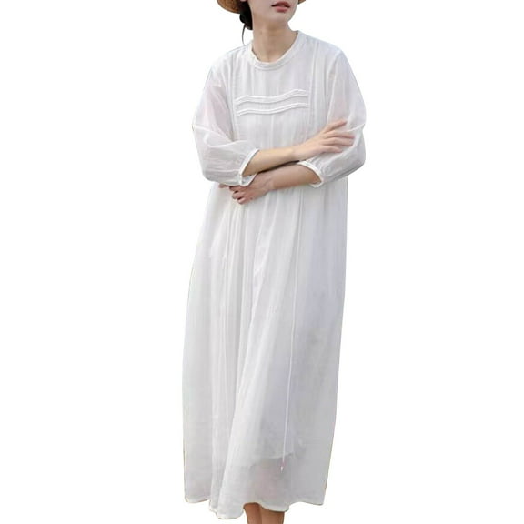 SMihono Maxi Dresses for Women 2025 Summer Fashion 3/4 Sleeves Round Neck Double-Layer Dresses Solid Flowing Boho Long Dress White XXL