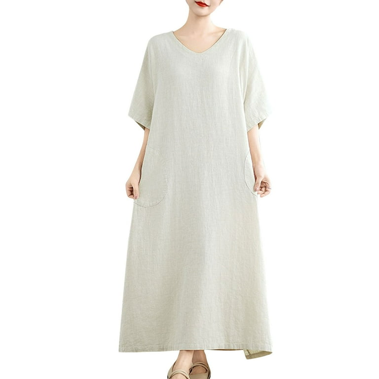 SMihono Stylish Maxi Dresses for Women V-Neck Short Sleeve Cotton Linen  Dress Casual Loose Fit Bohemian Long Beach Dress with Pockets White XXL -  Walmart.com