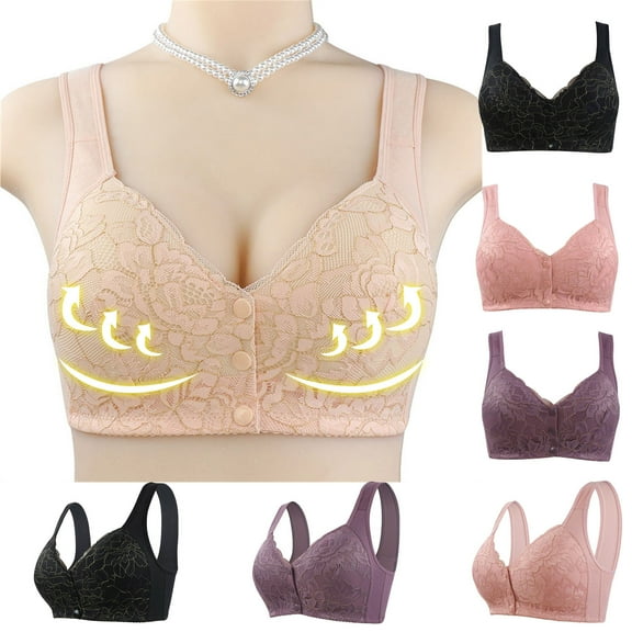 SMihono Trendy No Underwire Lace Bras for Women Sponge Cup Front Closure Bras for Seniors Plus Size Full Coverage Bras No Wire Bras Beige 24