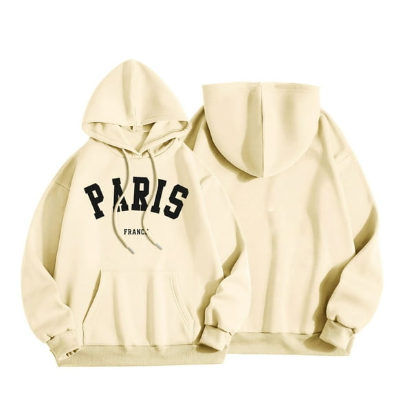 SMihono Stylish Paris Letter Print Sweatshirt for Women Drawstring Hoodies Oversized Trendy Comfy Crewneck Sweatshirts Casual Graphic Pullover Tops Unisex Beige 4
