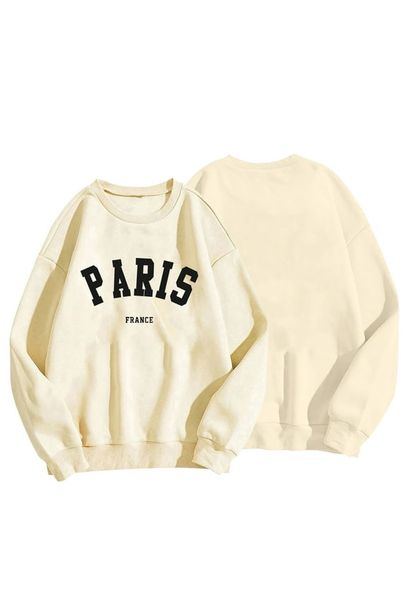 Trendy Paris Letter Print Sweatshirt for Women Oversized Trendy Comfy Crewneck Sweatshirts Casual Graphic Pullover Tops Unisex Beige 8