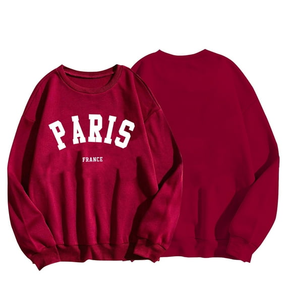 SMihono Trendy Paris Letter Print Sweatshirt for Women Oversized Trendy Comfy Crewneck Sweatshirts Casual Graphic Pullover Tops Unisex Wine 12