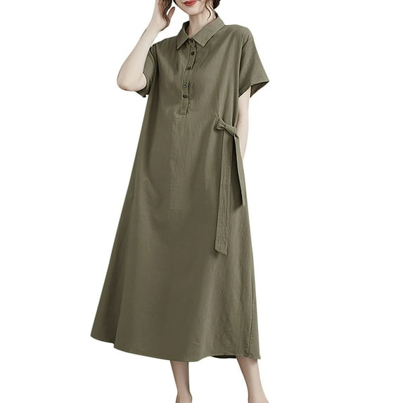 SMihono Stylish Plus Size Dresses for Curvy Women Loose Lapel Neck Short Sleeve Button Up Dress Tie Front Cotton Linen A Line Dress Green XXXL