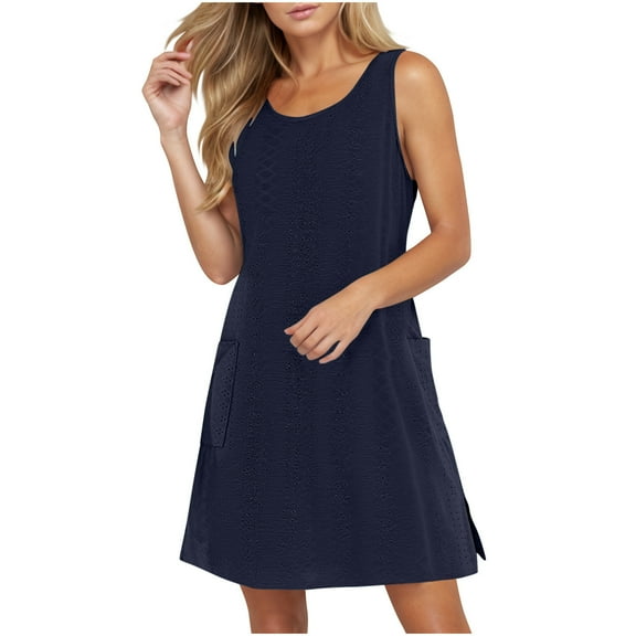 SMihono Trendy Sun Dresses for Women 2025 Vacation Sping Summer Casual Sundresses Women's Hawaiian Beach Eyelet Dress with Pockets Navy XL