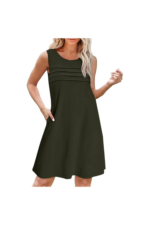 Trendy Women Casual Dresses Trendy Pleated Fall Summer Sleeveless Pockets Sundress Solid Elegant Crewneck Mini Dress 2025 Army Green M