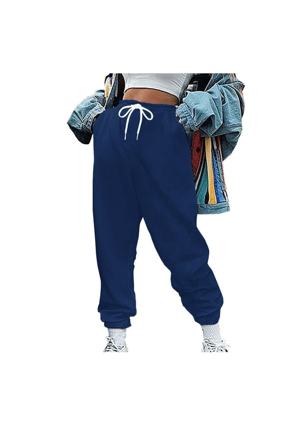 Trendy Women Ladies Pants Hippie Punk Trousers Streetwear Jogger Pocket Solid Loose Overalls Long Pants Boot Cut Skinny Leg Trousers Women's Sweatpants Full Length Pants Navy 12