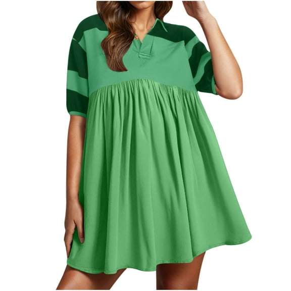 SMihono Stylish Women Patchwork Babydoll Dress Striped Colorblock Pleated Oversized Short Sleeve Collar Flowy Mini T-Shirt Dress Green S