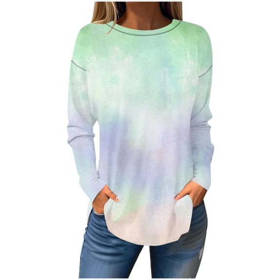 SMihono Trendy Women Tie Dye Long Sleeve Crew Neck Tunic T-Shirt Loose Fit Blouse Tops Tee Shirts Green 10