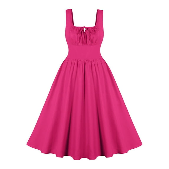 SMihono Trendy Women's 1950s Vintage Style Cotton Summer Dress Square Neck A-Line Party Dresses with Pockets Hot Pink 12