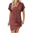 thumbnail image 1 of SMihono Trendy Women's Casual T Shirt Dress Button Up V Neck Tunic Dresses Summer Short Sleeve Mini Dresses Loose Sundresses Red M, 1 of 8