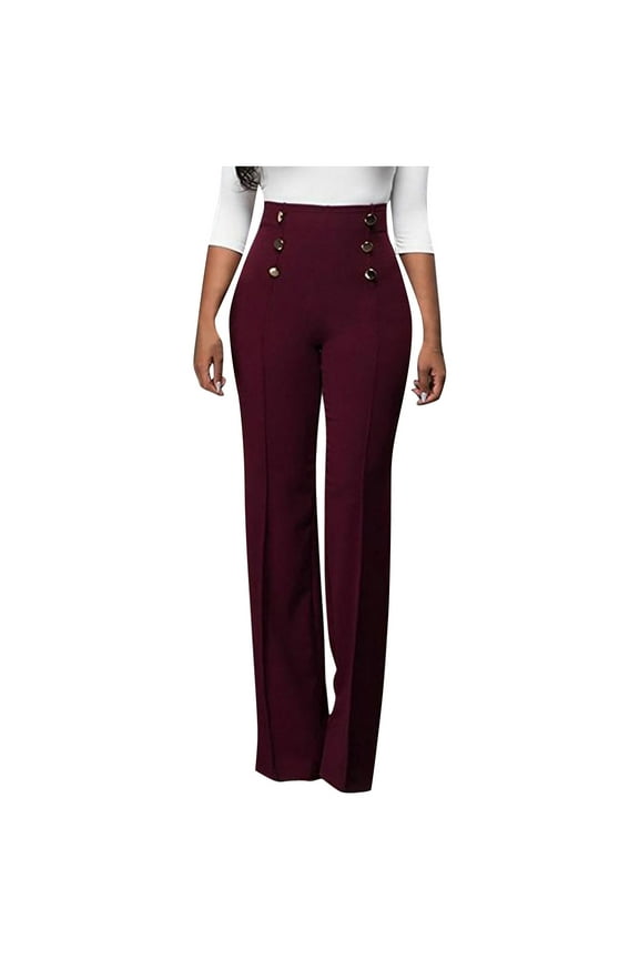 Trendy Women's Color Casual Pants Button With Micro Flared Pants Boot Cut Skinny Leg Cozy Pants Women's Fashion Full Length Pants Wine 10