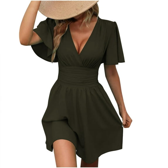 SMihono Stylish Women's Deep V Neck Dress Short Sleeve Flowy A-Line Summer Mini Dresses Elegant Wrap Sundress for Casual Party Army Green L