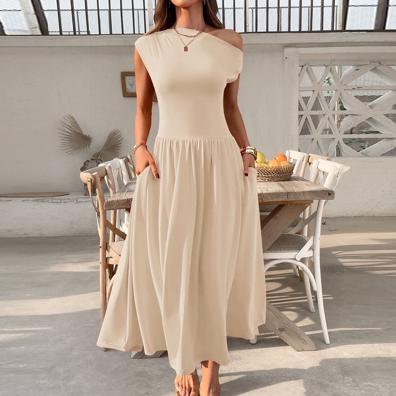 SMihono Trendy Women's Fashion Collared Summer Long Dresses Pleated Flowing Hem Loose Maxi Dress Elegant Beach Clothes Beige M