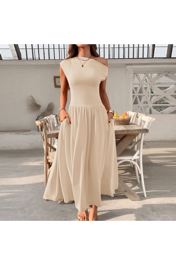 Trendy Women's Fashion Collared Summer Long Dresses Pleated Flowing Hem Loose Maxi Dress Elegant Beach Clothes Beige M