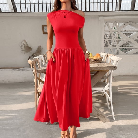 SMihono Stylish Women's Fashion Collared Summer Long Dresses Pleated Flowing Hem Loose Maxi Dress Elegant Beach Clothes Red M