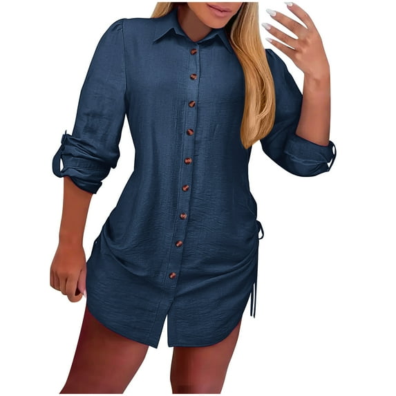 SMihono Savings Women's Fashion Shirts Dresses Casual Button Down Lapel Drawstring Pleated Mini Dress Comfort Lounge Outfits Navy XL