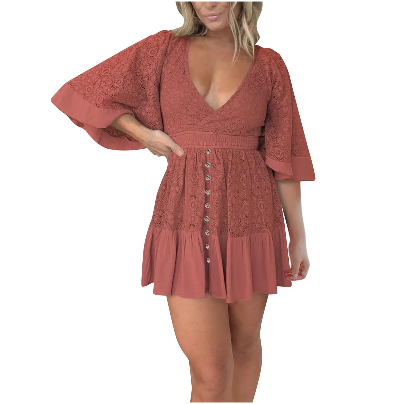 Eyelet Embroidered Lace Jumpsuit Women's Lace Crochet Romper Dress -  V-Neck, Batwing Sleeves, Built-in Shorts, Summer Mini Dress Crochet Lace  Dress