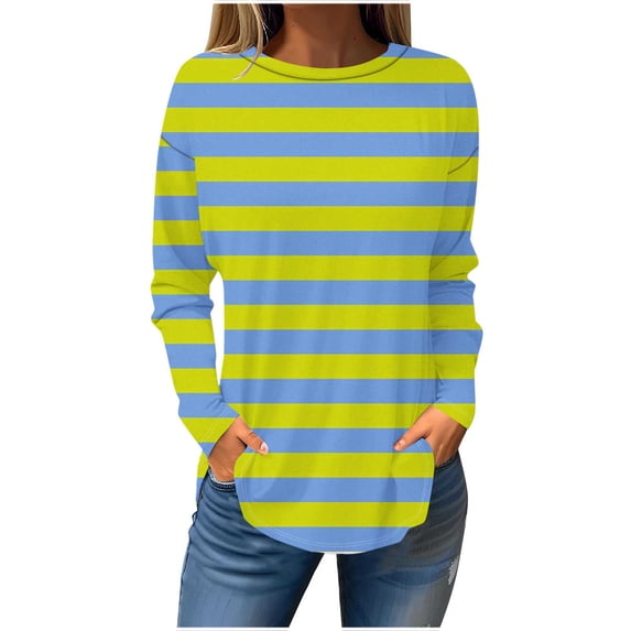 SMihono Savings Women's Long Sleeve Round Neck Loose Fit Striped T-Shirt Tops Blouse Pullover Tunic Tee Shirt Green 12