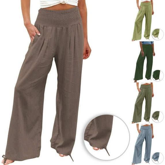 SMihono Trendy Women's Loose Wide Leg Pants, High Waisted Straight Tube Cotton Linen Casual Pants Wrinkle Free Relaxed Fit Pencil Pants Women's Hiking Pants Full Length Pants Army Green 4
