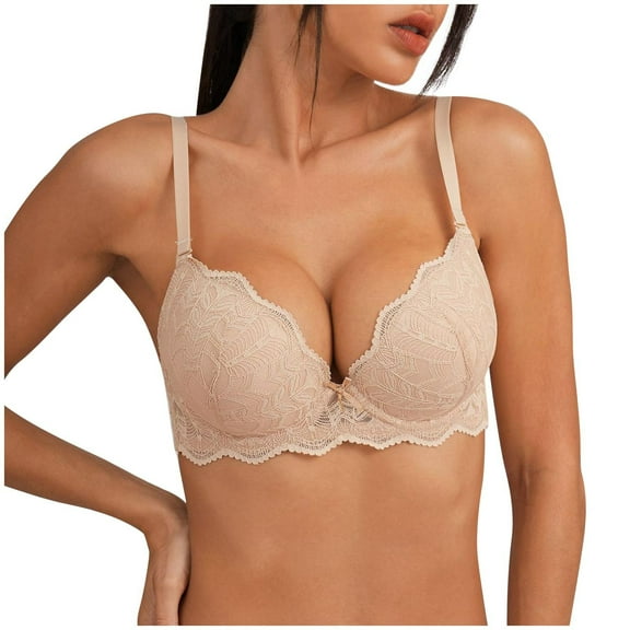 SMihono Trendy Women's Push Up Lace Bra Padded Add 2 Cups Support Underwire Lift Up Deep V Bra for Women Comfortable Breathable Bra Beige XS