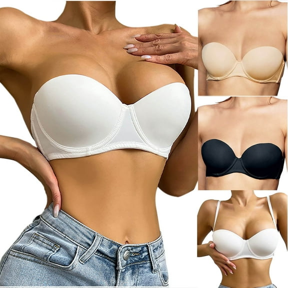 SMihono Stylish Women's Push Up Strapless Bra Thick Padded Underwire Convertible Multiway Bras Removable Shoulder Strap Daily Bra Black 2