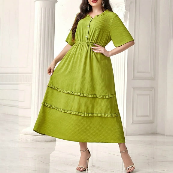 SMihono Trendy Women's Summer Crew Neck Casual Maxi Dress Short Sleeve Elastic A-Line Loose Fit Summer Dresses Plus Size Button Swing Dress Green XL