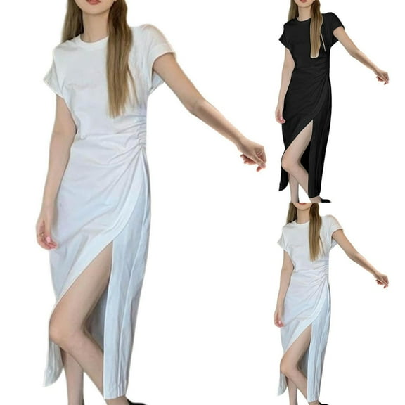 SMihono Stylish Womens Sexy Elegant Slanted Collar Short Sleeve Solid Color High Split Irregular Dress Summer Tunic Midi Dresses White XL
