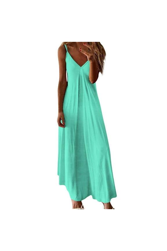 Stylish Womens Sleeveless Slip Dresses Loose Fit Dresses for Women V Neck Beach Hawaiian Maxi Long Summer Pleated Dresses 2025 Light Blue M