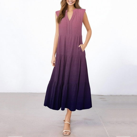 SMihono Stylish Womens Summer Casual Maxi Dress V Neck Ruffle Sleeve Gradient Long Dresses Fashion Flowy Tiered Boho Beach Vacation Sundress Purple S