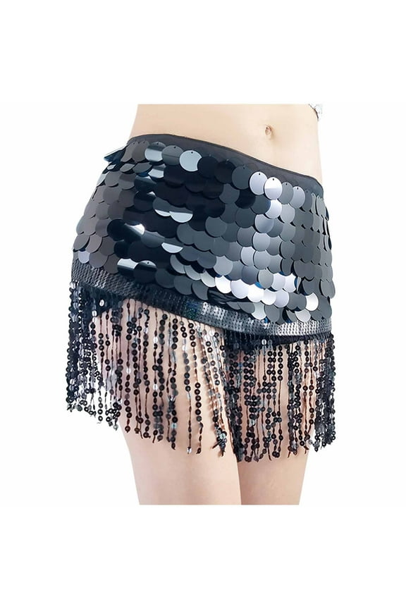 Sequin Skirt for Women Sparkly Fringe Sexy Cut Out Eyelet Dance Skirts Cosplay Triangle Mini Rave Costume Black 4-10
