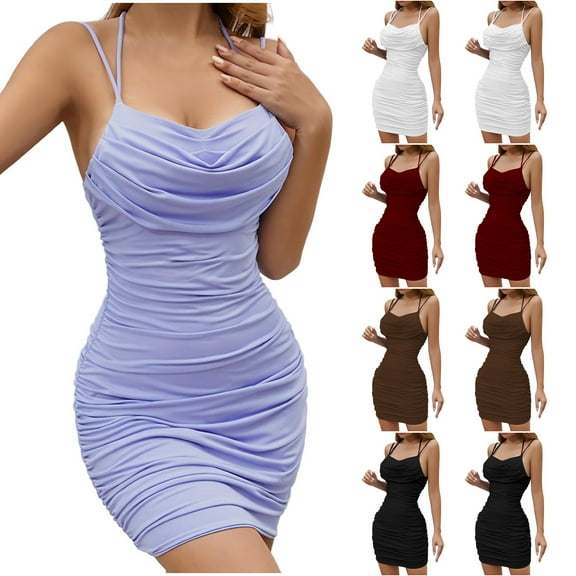 SMihono Sexy Dresses for Women Bodycon Ruched Mini Dresses for Night Out Club Party Cocktail Spaghetti Strap Tight Short Dress Black M