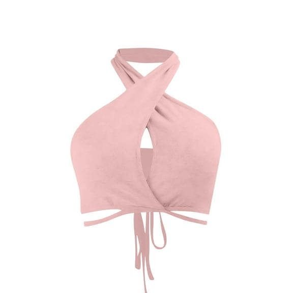 SMihono Sexy Halter Crop Tops for Women Summer Ruched Lace-up Tie Back Cropped Camisole Criss Cross Wrap Tanks Vest Pink M