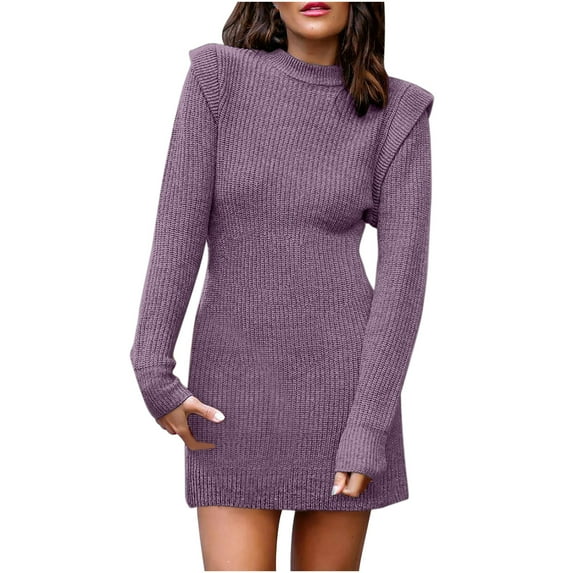 SMihono Sexy Hip Wrap Short Sweater Dresses for Women Slim Fit Casual Womens Autumn and Winter Warm Solid Color Long Sleeve Mock Neck Solid Color Female Leisure Purple L
