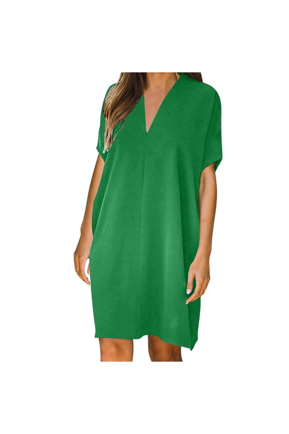 Shift Dress for Women Sweet & Cute V Neck Short Sleeves Loose Casual Summer Dresses Tunic Solid Color Mini Shift Dress Green L