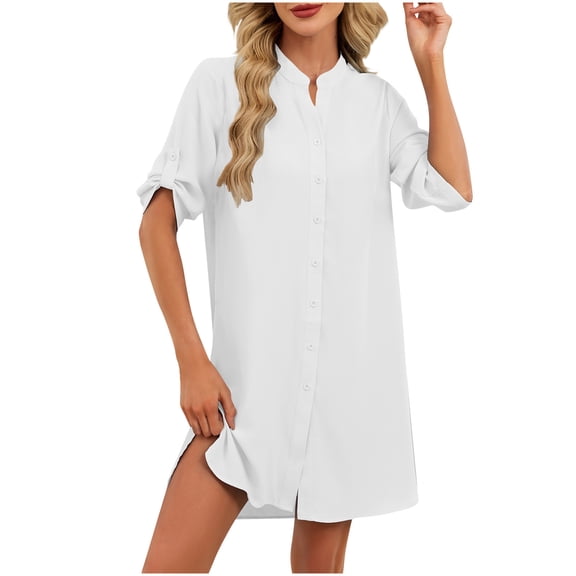 SMihono Short Sleeve V-Neck Dress Casual Lapel Button-Up Solid Color Knee-Length Women's Fashion Comfortable Lightweight Everyday Wear Perfect for Outings White L
