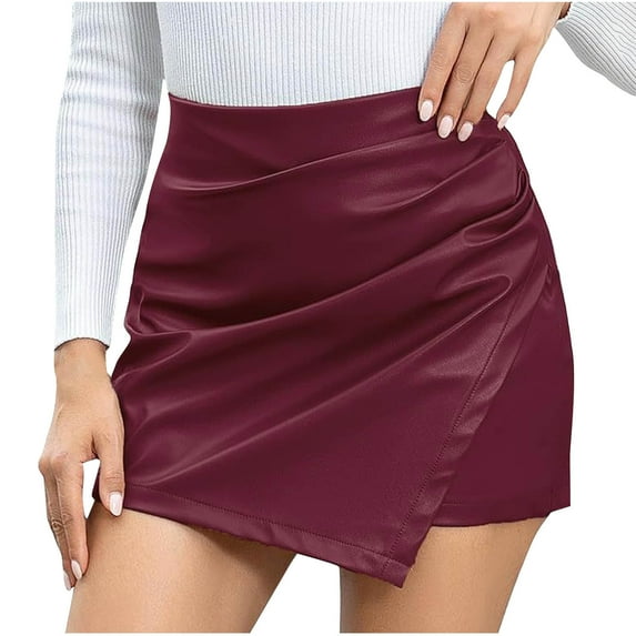 SMihono Shorts for Women Faux Leather Skorts High Waisted PU Leather Shorts Elastic Waist Ruched Wrap Skorts Skirts Wine XL