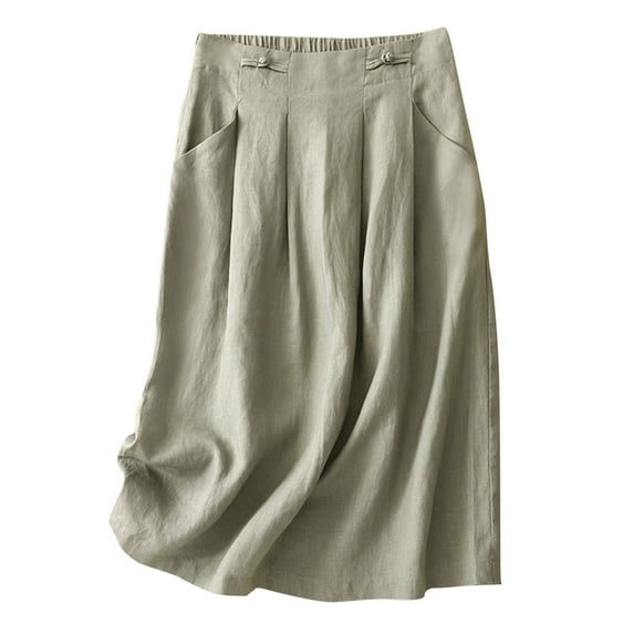 SMihono Skirts for Women Cotton Linen Elastic Waist Pleated Solid Color with Pockets Loose Knee Length Casual Summer Wear Green 10