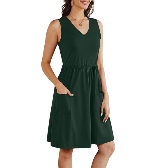 SMihono Sleeveless Summer Casual Dress with Pockets Womens V-Neck Knee Length Beach Hawaiian Dress for Vacation Fashion Sundresses Green XL