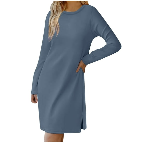 SMihono Spring Long Sleeve Shirt Dress for Women Casual Loose Fit Plain Pullover Dress Loungewear Crewneck Side Slit Mini Dress Navy 10