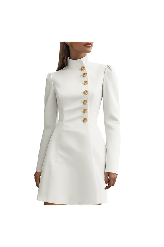 Stand Collar Wear to Work Dresses for Women Long Sleeve Elegant Cocktail Party Formal Church Office Sheath Dress White M