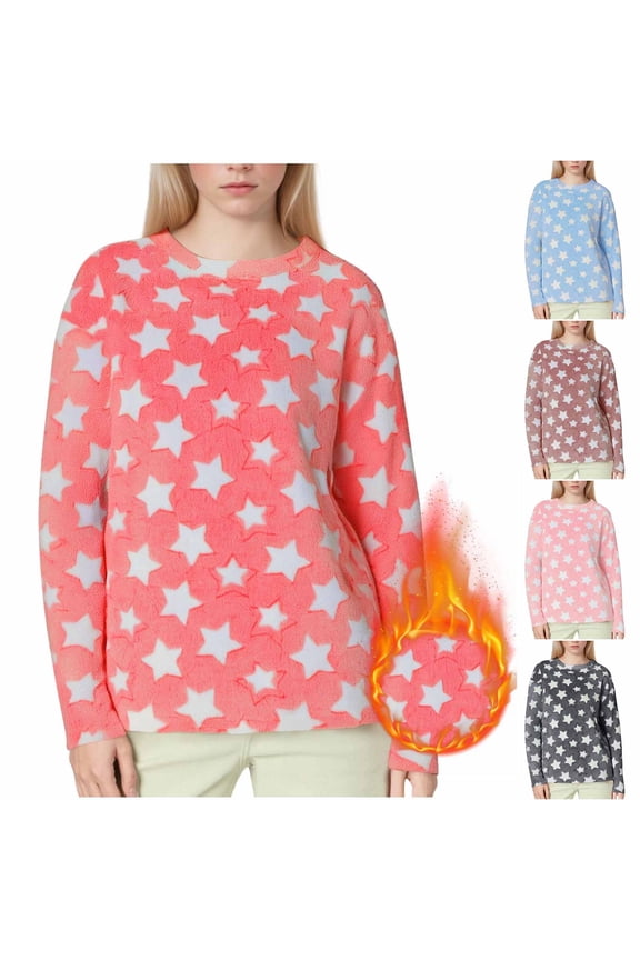 Stars Print Plush Sweatshirt for Women Winter Warm Soft Fleece Thermal Pajamas Tops Pullover Long Sleeve Lounge Shirts Gray XL
