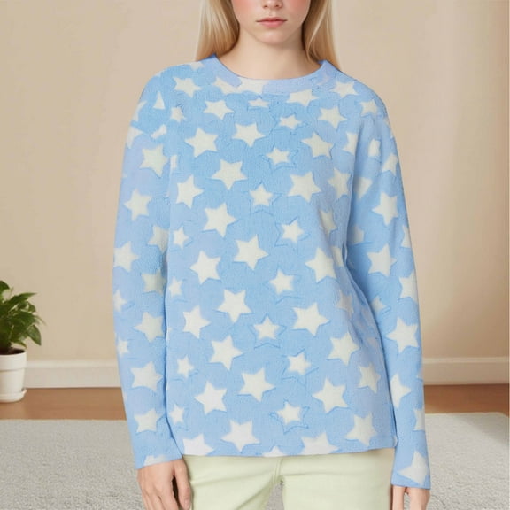 SMihono Stars Print Plush Sweatshirt for Women Winter Warm Soft Fleece Thermal Pajamas Tops Pullover Long Sleeve Lounge Shirts Light Blue XL