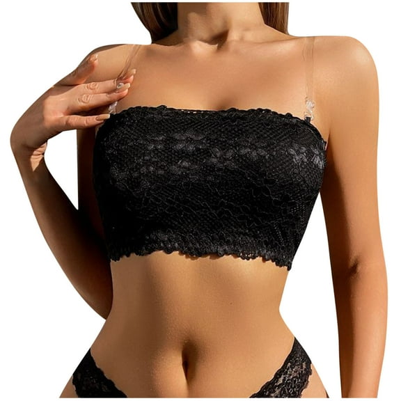 SMihono Strapless Bandeau Bra for Women Lace Floral Bralettes Stretchy Chest Wrap Non Padded Tube Top Seamless Bras for Women Black L