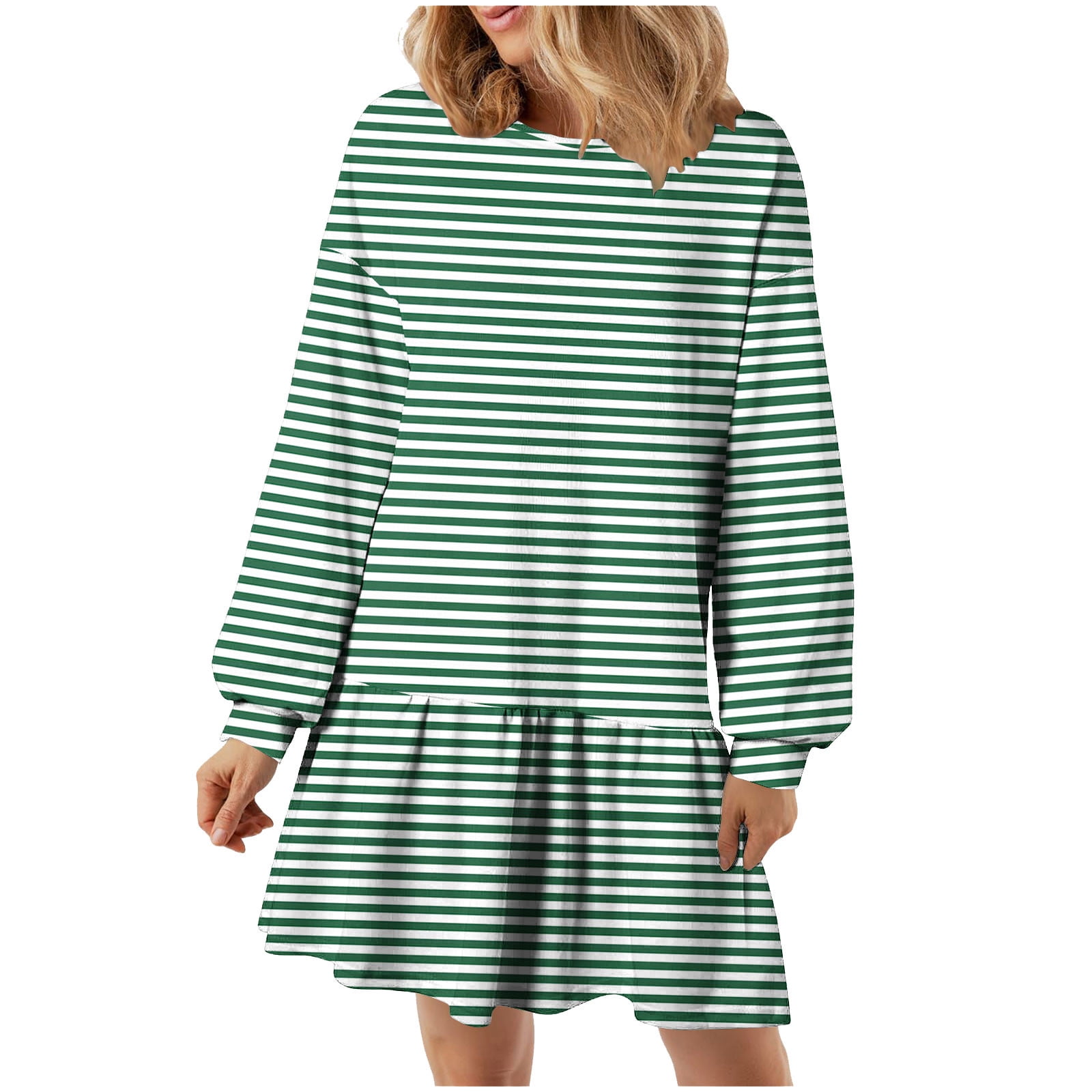 SMihono Striped Casual Mini Dress for Women Long Sleeve Black and White  Shift Dress Crewneck Comfy Fall Fashion Everyday Wear Green 10 - Walmart.com