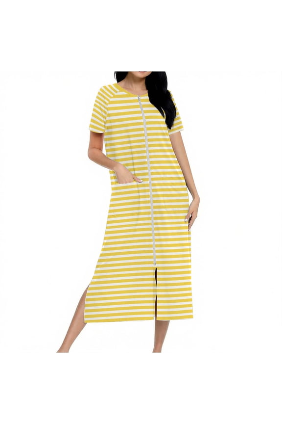 Striped Robes for Women Zipper Front Bathrobe Short Sleeve House Coat Long Nightgown with Pockets Soft Loungewear Yellow XL