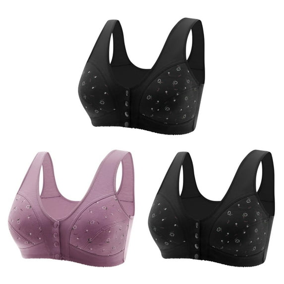 SMihono Stylish 3 Pack Daisy Bras for Older Women,Plus Size Front Closure Breathable Button Bra Full Support No Underwire Everyday Bras Purple XXXXXXXL